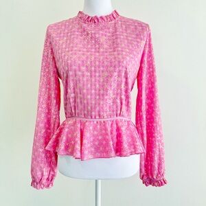 STINE GOYA PINK GOLD STAR PRINT SHIRLEY BACK SLIT OPENING RUFFLE PEPLUM TOP